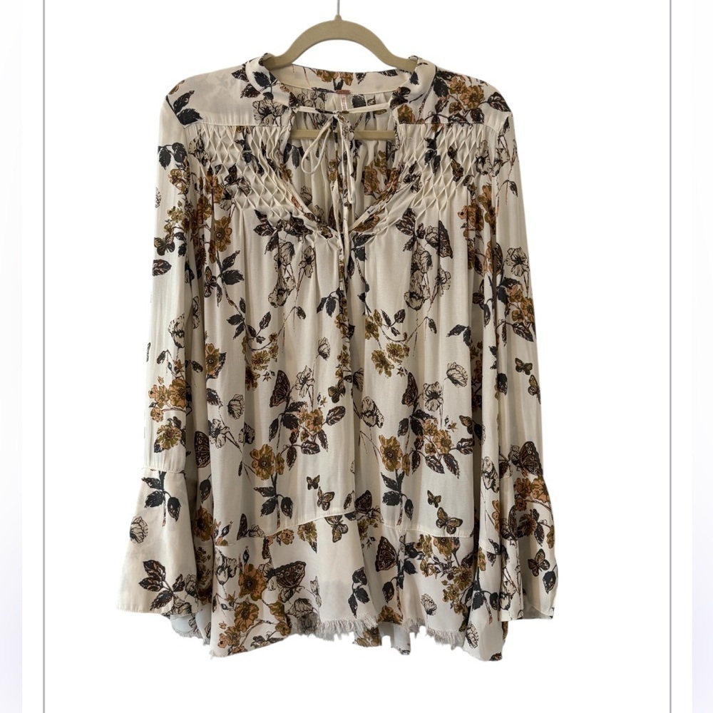 Free People Womens Pebble Crepe Butterfly Tunic  Ivory Fringe Boho Peasant Small - Picture 3 of 15